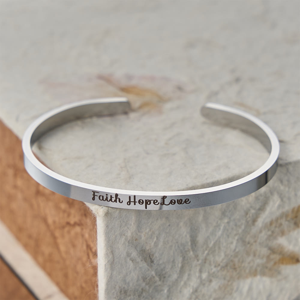 Christianartworkshop Faith Hope Love Engraved Adjustable Cuff Bangle: A Symbol of Divine Virtues - Silver - image 3