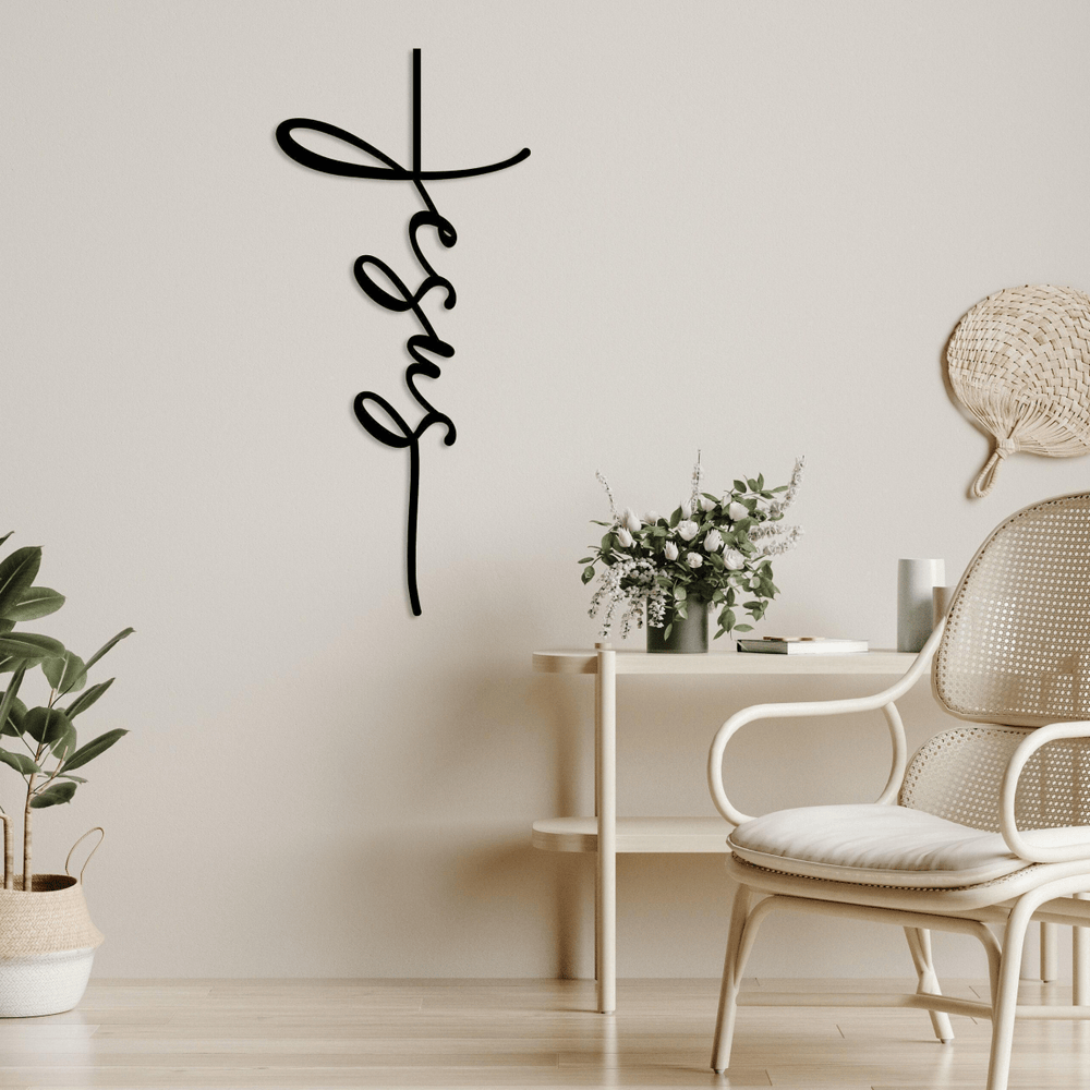 Christianartworkshop Jesus Script Cross Metal Wall Decor: A Minimalist Statement of Faith - image 1