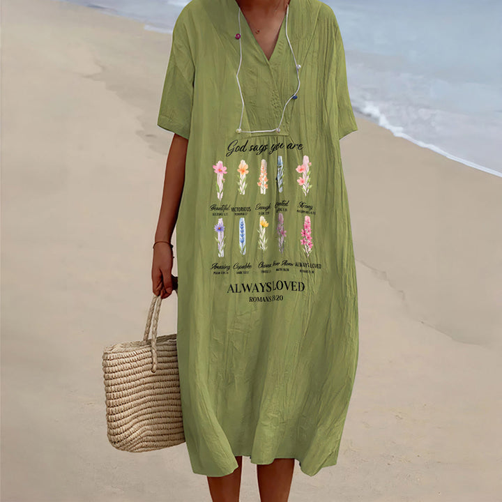Christianartworkshop God Says You Are Always Loved Floral V-Neck Short Sleeve Midi Dress - Olive Green - 4XL - image 10