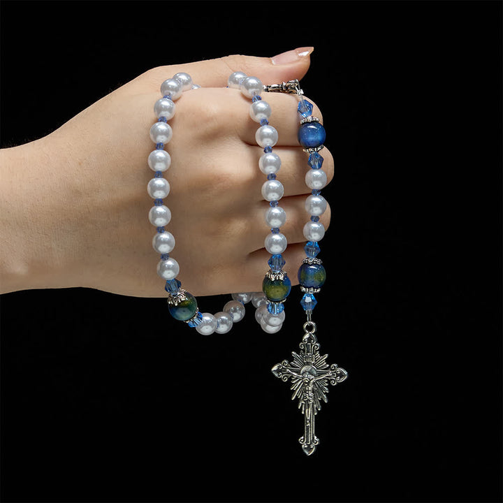 Christianartworkshop Blue-Green Gradient and White Beads Rosary with Our Lady - image 1