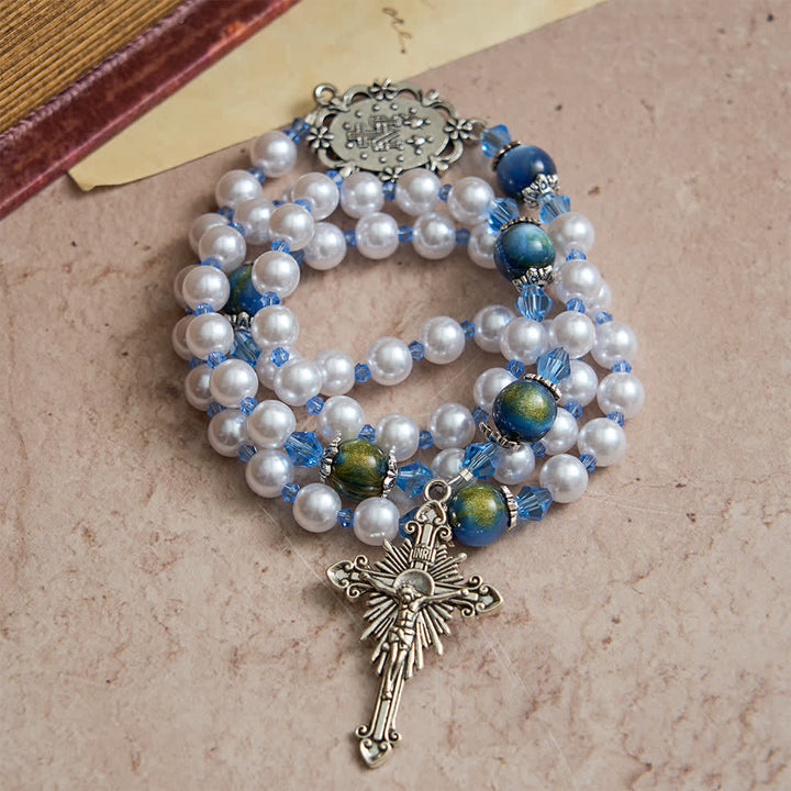 Christianartworkshop Blue-Green Gradient and White Beads Rosary with Our Lady - image 2