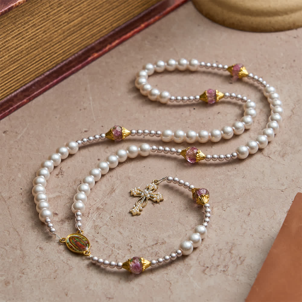 Christianartworkshop Ivory & Pink Rose Beads Guadalupe Rosary: Sacred Vintage Elegance - Our Lady & Cross - image 0