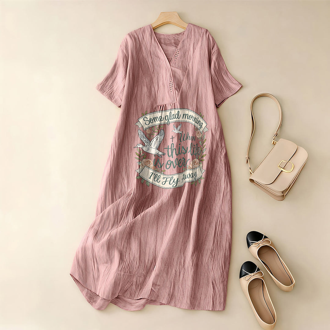 Christianartworkshop Some Glad Morning I'll Fly Away Floral Dove V-Neck Short Sleeve Midi Dress - image 9