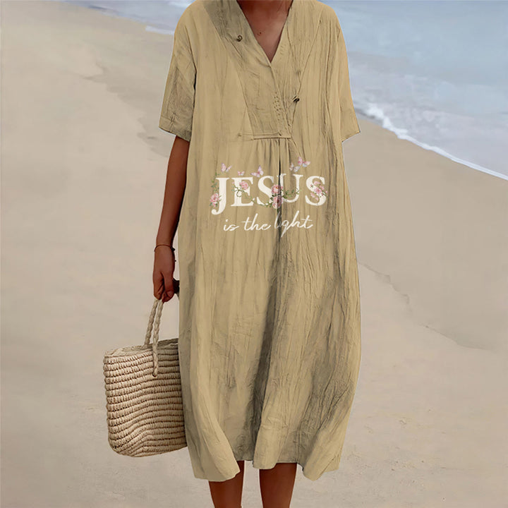 Christianartworkshop Jesus Is The Light Floral Butterfly V-Neck Short Sleeve Midi Dress - Khaki - 4XL - image 0
