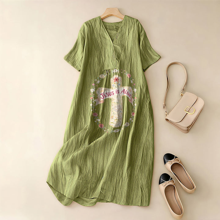 Christianartworkshop Jesus Is Alive Floral Cross V-Neck Short Sleeve Midi Dress - image 11