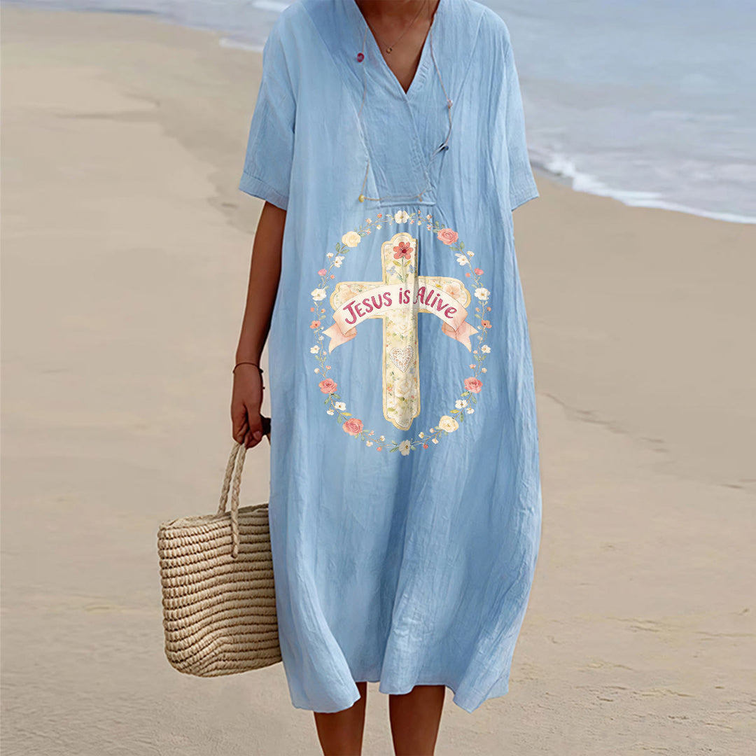Christianartworkshop Jesus Is Alive Floral Cross V-Neck Short Sleeve Midi Dress - Blue - 4XL - image 0