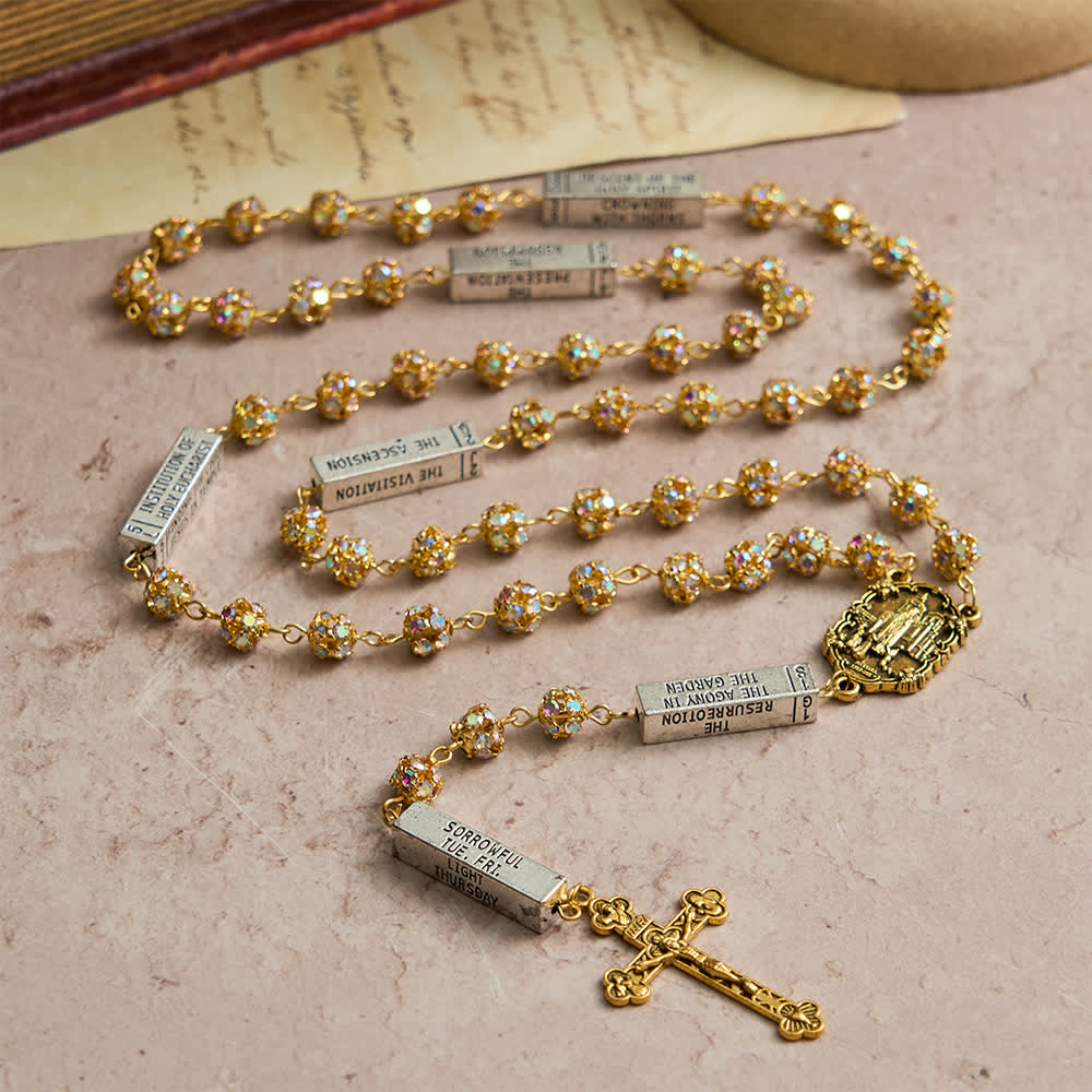 Christianartworkshop Golden Rhinestone Six Tablets Rosary with Our Lady of Fatima - image 2
