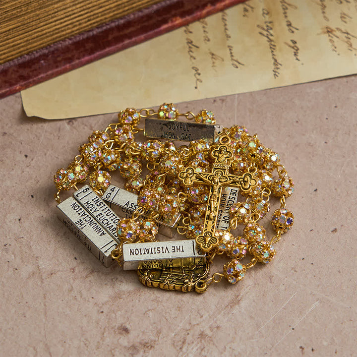 Christianartworkshop Golden Rhinestone Six Tablets Rosary with Our Lady of Fatima - Our Lady & Crucifix - image 0