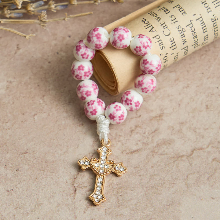 Christianartworkshop Pink Floral Ceramic Finger Rosary with Crystal Cross - 10 Pcs - image 0