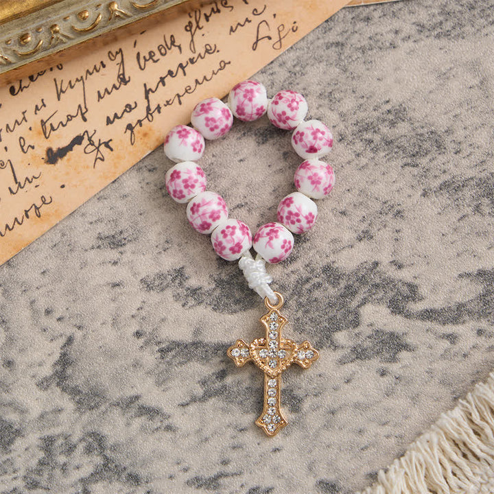 Christianartworkshop Pink Floral Ceramic Finger Rosary with Crystal Cross - image 3
