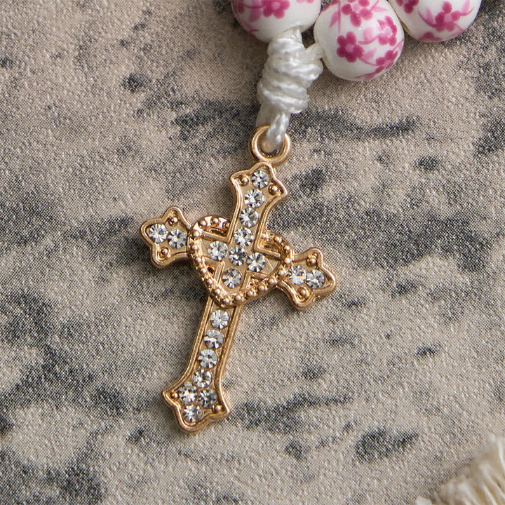 Christianartworkshop Pink Floral Ceramic Finger Rosary with Crystal Cross - image 7