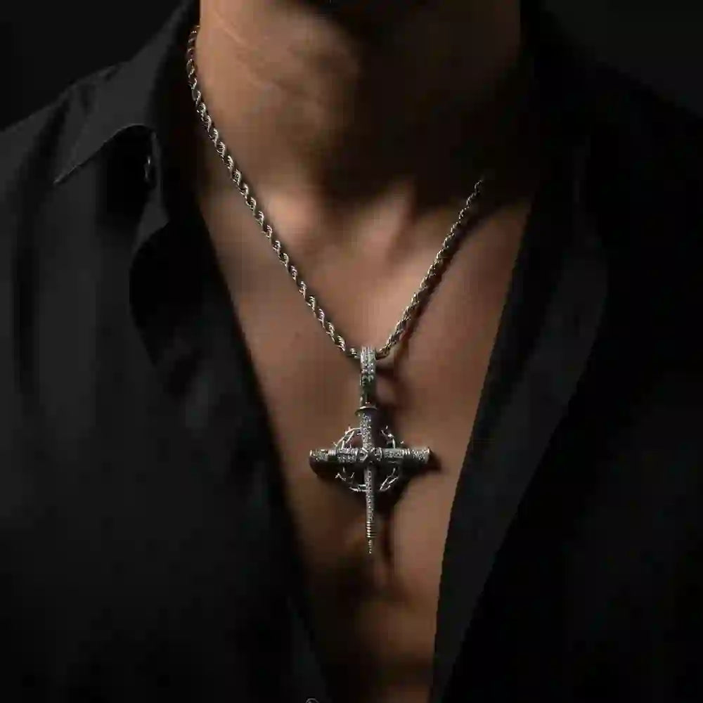 Christianartworkshop Pave Zircon Nail Cross Necklace with Crown of Thorns: A Reminder of Divine Love - image 1