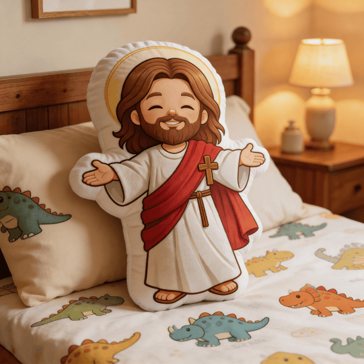 Christianartworkshop Cute Smiling Jesus with Open Arms and Halo Shaped Decorative Pillow - image 0