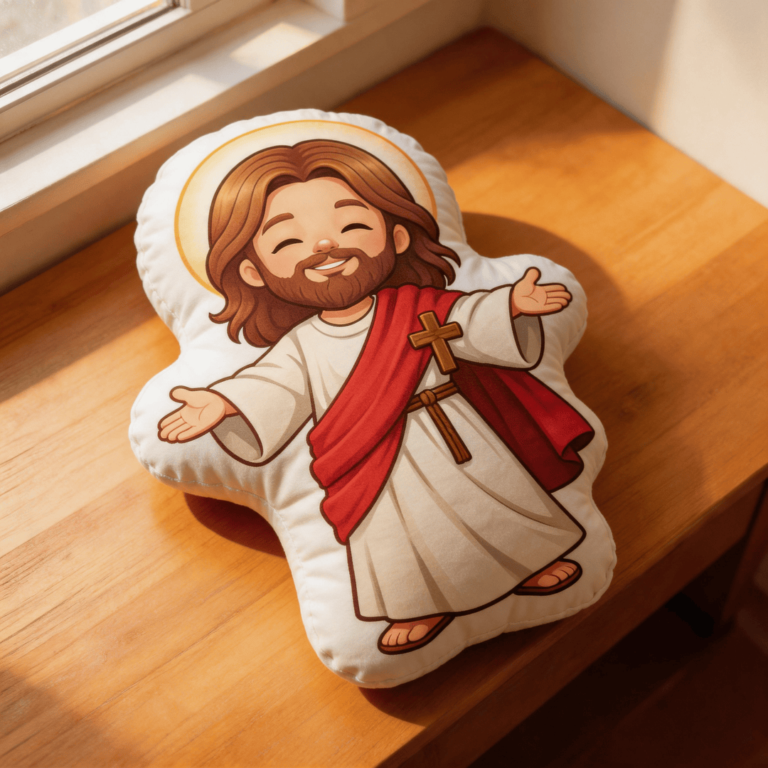 Christianartworkshop Cute Smiling Jesus with Open Arms and Halo Shaped Decorative Pillow - image 3