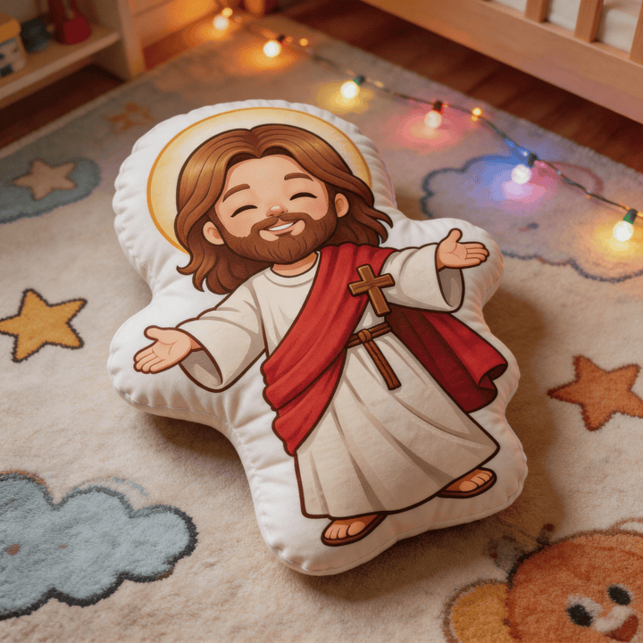 Christianartworkshop Cute Smiling Jesus with Open Arms and Halo Shaped Decorative Pillow - image 6