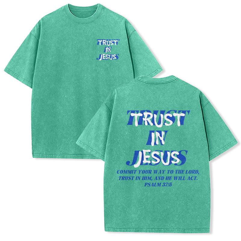 Christianartworkshop Trust In Jesus Psalm 37 5 Front And Back Print Washed Unisex T-Shirt - Green - 5XL - image 9