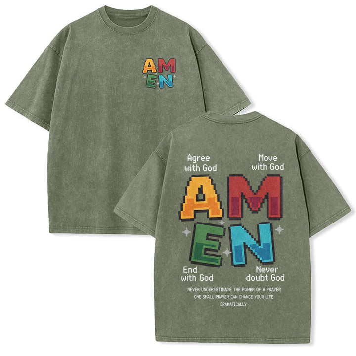Christianartworkshop Amen Pixel Art Agree Move End Never Acronym Front And Back Print Washed T-Shirt - Army Green - 5XL - image 9