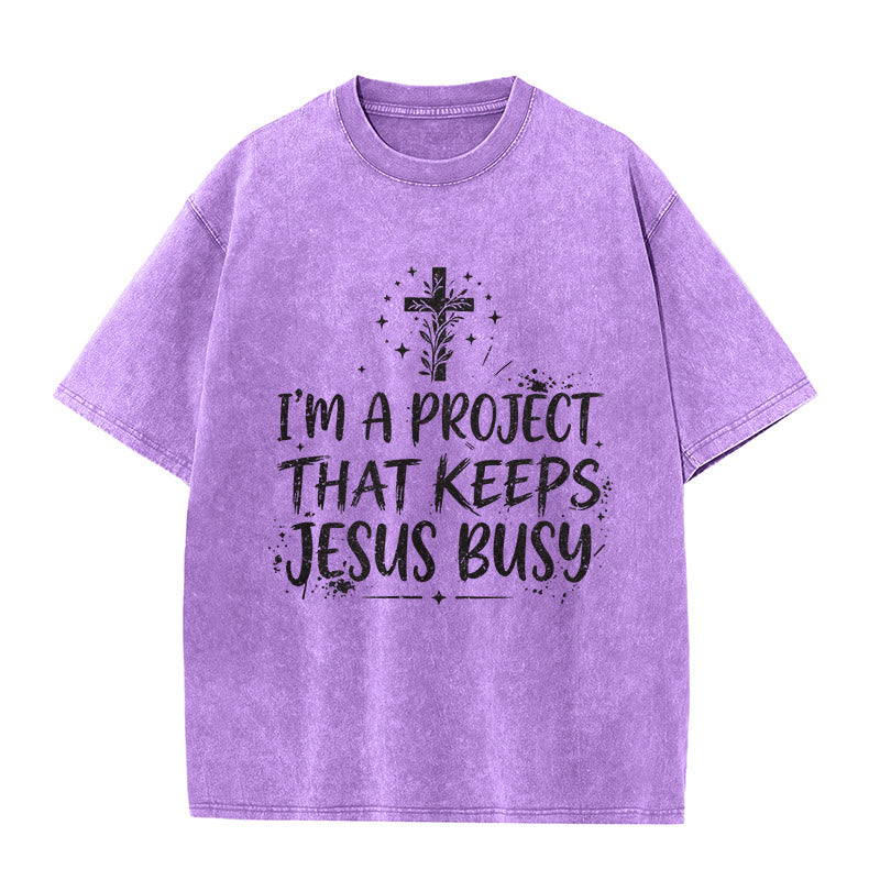 Christianartworkshop I Am A Project That Keeps Jesus Busy Funny Faith Quote Washed Unisex T-Shirt - Purple - 5XL - image 6