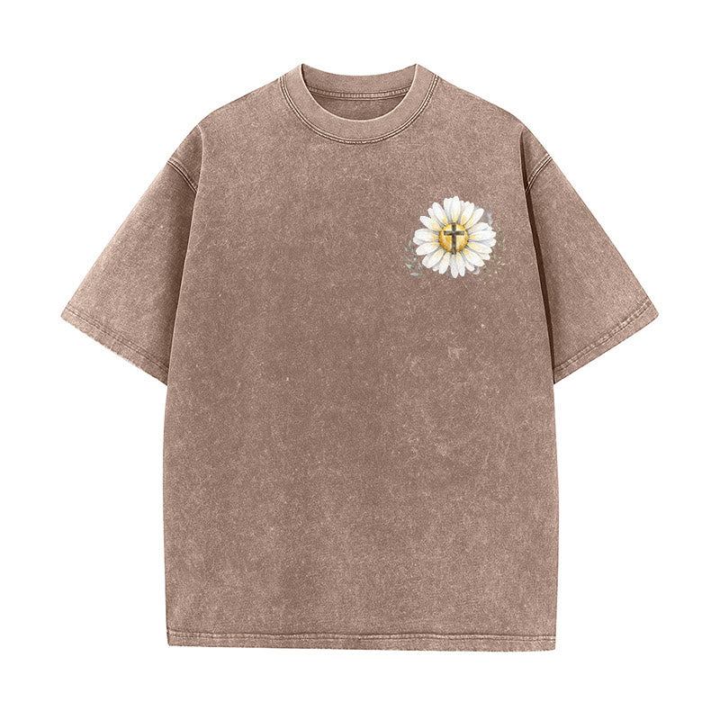 Christianartworkshop Jesus Saved My Life Watercolor Daisy Cross Front And Back Print Washed T-Shirt - image 5