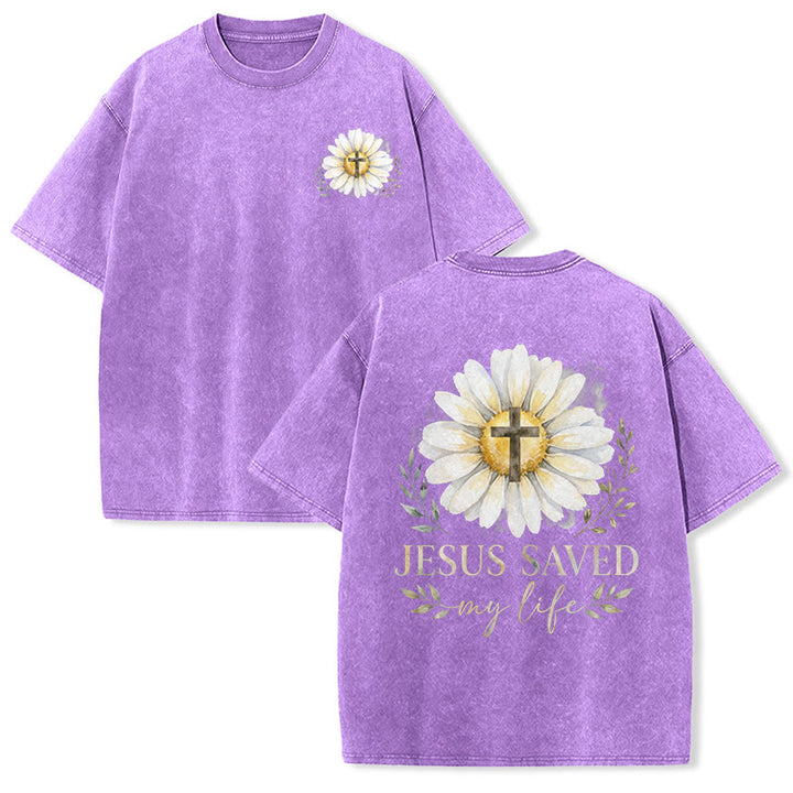 Christianartworkshop Jesus Saved My Life Watercolor Daisy Cross Front And Back Print Washed T-Shirt - Purple - 5XL - image 18