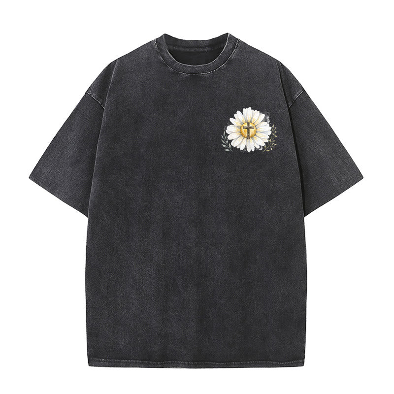 Christianartworkshop Jesus Saved My Life Watercolor Daisy Cross Front And Back Print Washed T-Shirt - image 2