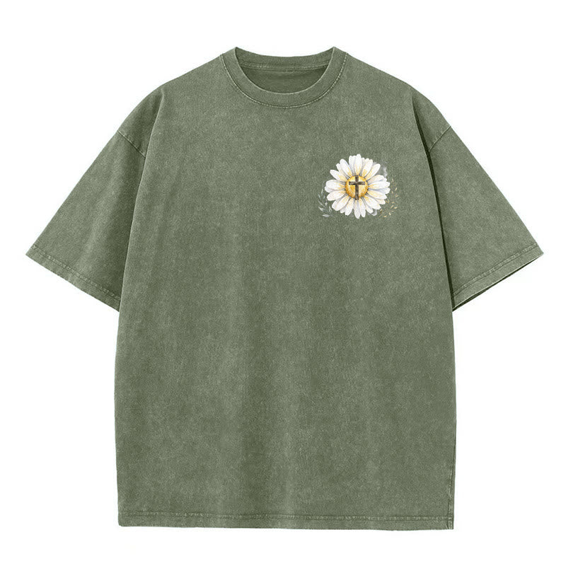 Christianartworkshop Jesus Saved My Life Watercolor Daisy Cross Front And Back Print Washed T-Shirt - image 11