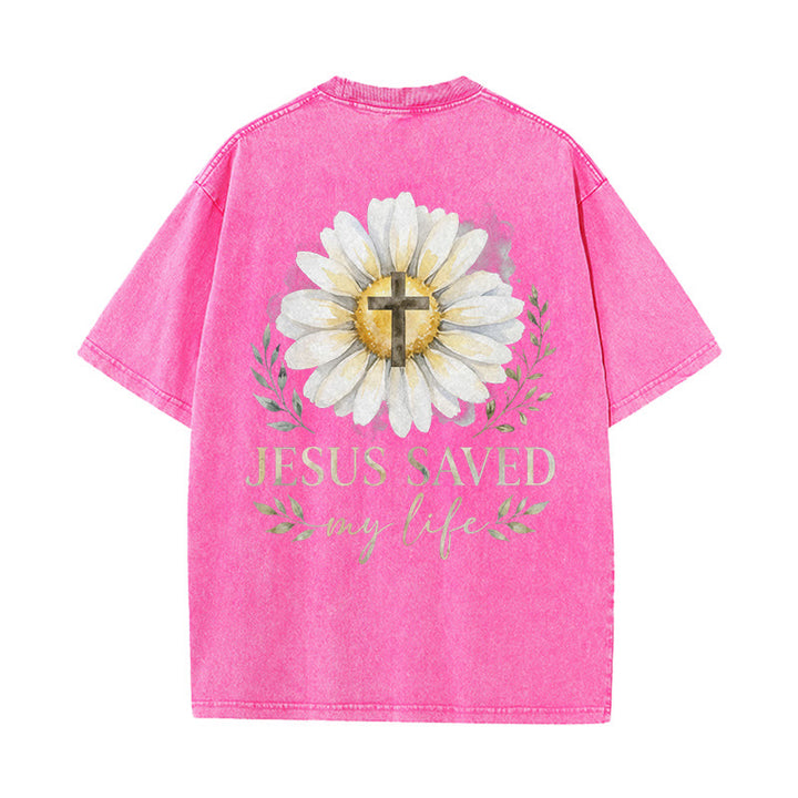 Christianartworkshop Jesus Saved My Life Watercolor Daisy Cross Front And Back Print Washed T-Shirt - image 16