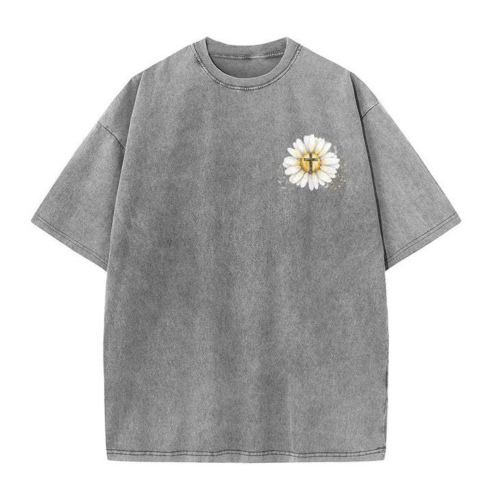 Christianartworkshop Jesus Saved My Life Watercolor Daisy Cross Front And Back Print Washed T-Shirt - image 26