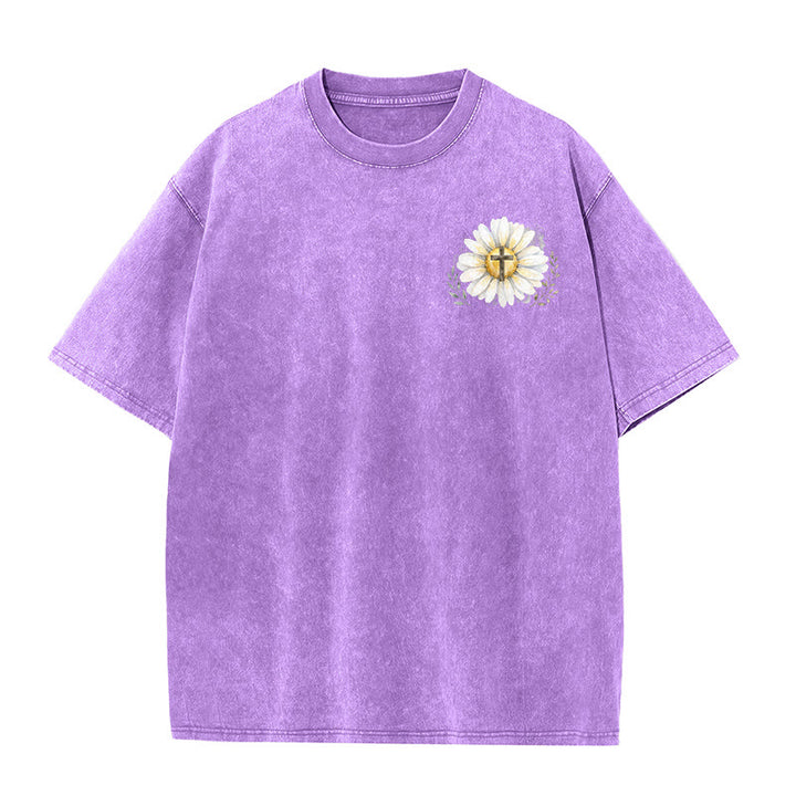 Christianartworkshop Jesus Saved My Life Watercolor Daisy Cross Front And Back Print Washed T-Shirt - image 20