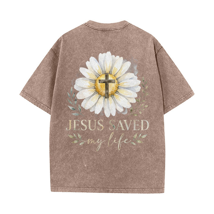 Christianartworkshop Jesus Saved My Life Watercolor Daisy Cross Front And Back Print Washed T-Shirt - image 4