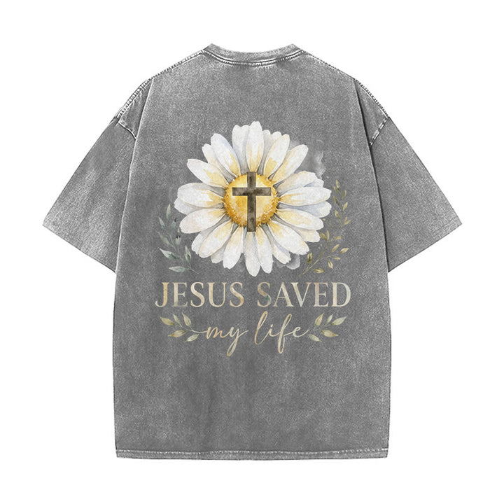 Christianartworkshop Jesus Saved My Life Watercolor Daisy Cross Front And Back Print Washed T-Shirt - image 25