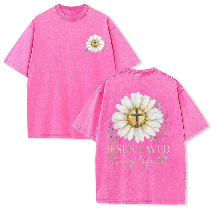Christianartworkshop Jesus Saved My Life Watercolor Daisy Cross Front And Back Print Washed T-Shirt - Pink - 5XL - image 15