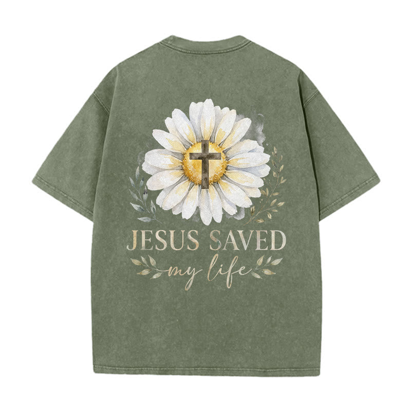 Christianartworkshop Jesus Saved My Life Watercolor Daisy Cross Front And Back Print Washed T-Shirt - image 10