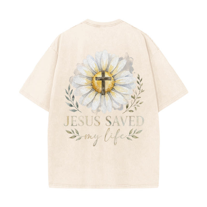 Christianartworkshop Jesus Saved My Life Watercolor Daisy Cross Front And Back Print Washed T-Shirt - image 7