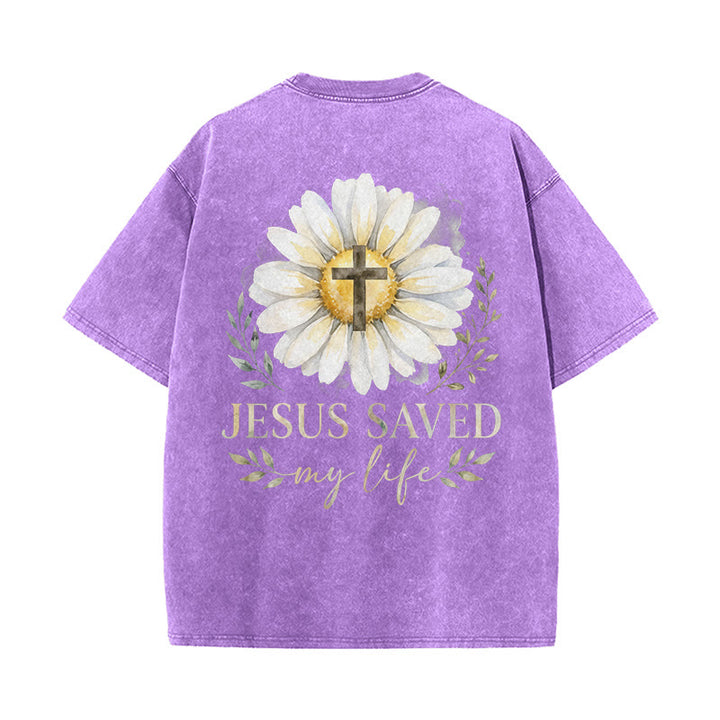 Christianartworkshop Jesus Saved My Life Watercolor Daisy Cross Front And Back Print Washed T-Shirt - image 19