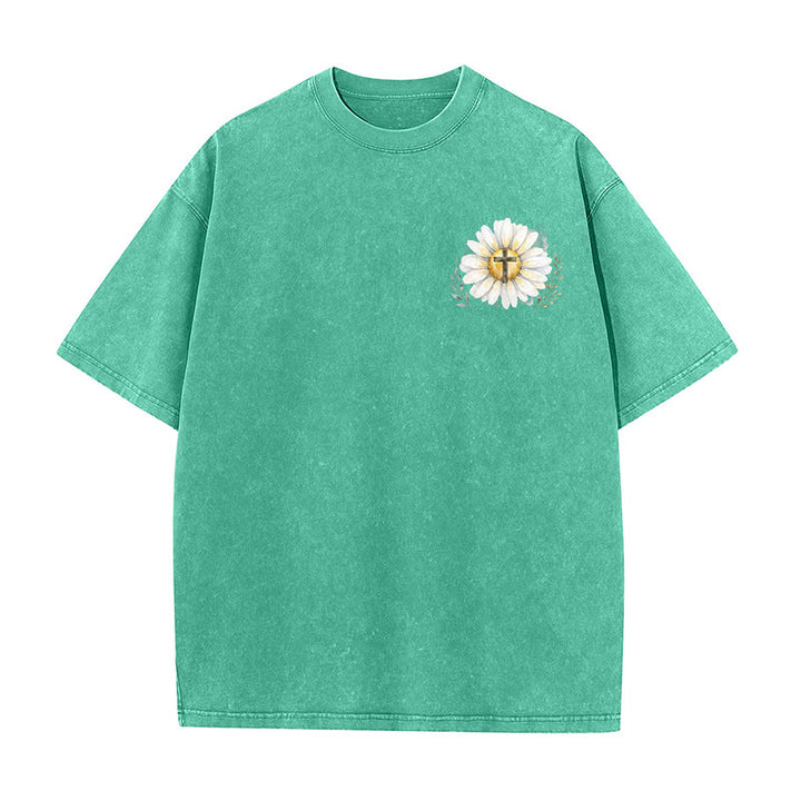 Christianartworkshop Jesus Saved My Life Watercolor Daisy Cross Front And Back Print Washed T-Shirt - image 14