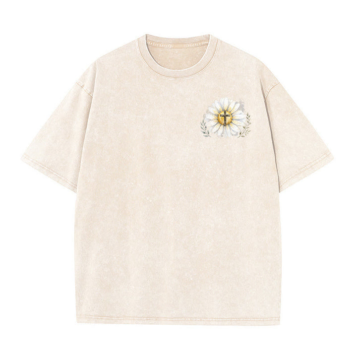 Christianartworkshop Jesus Saved My Life Watercolor Daisy Cross Front And Back Print Washed T-Shirt - image 8