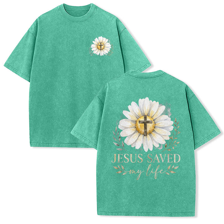 Christianartworkshop Jesus Saved My Life Watercolor Daisy Cross Front And Back Print Washed T-Shirt - Green - 5XL - image 12