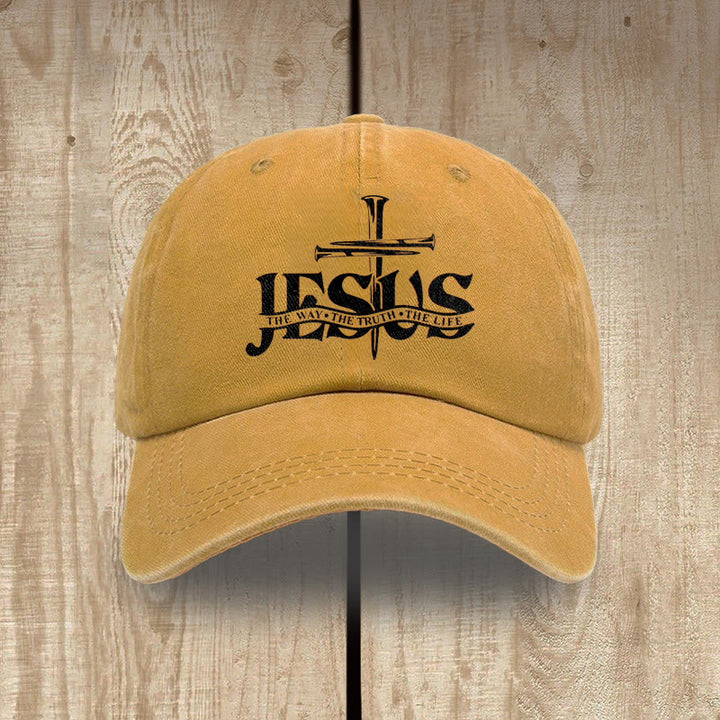 Christianartworkshop Jesus The Way The Truth The Life Nails Cross Embroidered Washed Baseball Cap - Yellow - image 9