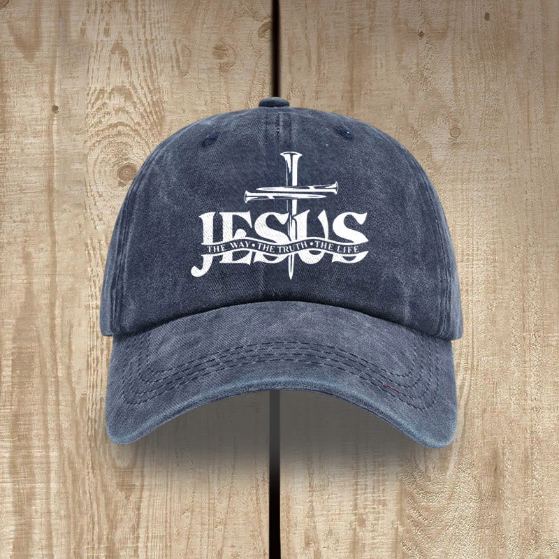 Christianartworkshop Jesus The Way The Truth The Life Nails Cross Embroidered Washed Baseball Cap - Navy Blue - image 5