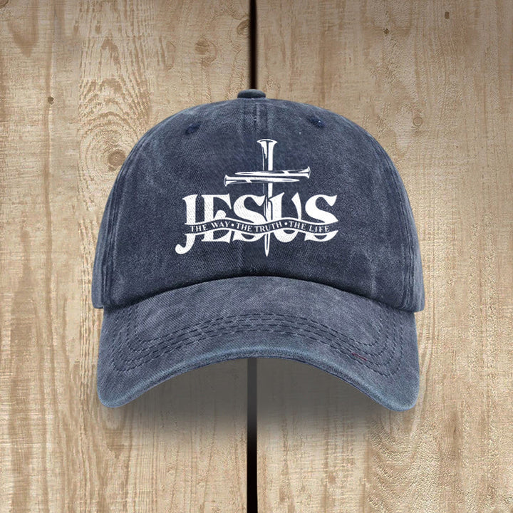 Christianartworkshop Jesus The Way The Truth The Life Nails Cross Embroidered Washed Baseball Cap - Navy Blue - image 5