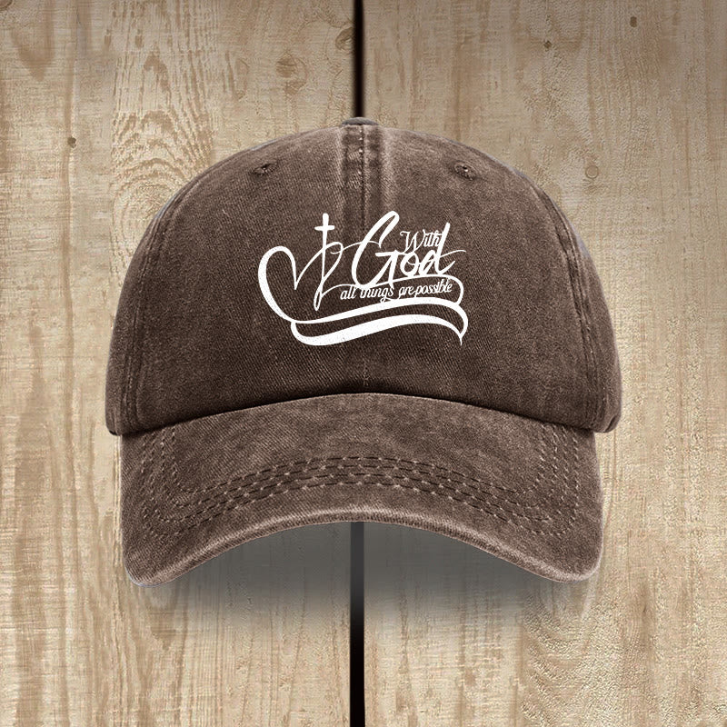 Christianartworkshop With God All Things Are Possible Heart Cross Script Washed Baseball Cap - Coffee - image 15