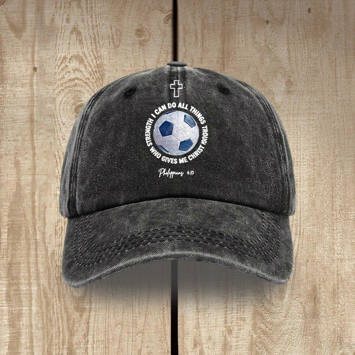 Christianartworkshop I Can Do All Things Through Christ Soccer Philippians 4 13 Washed Baseball Cap - Black - image 0