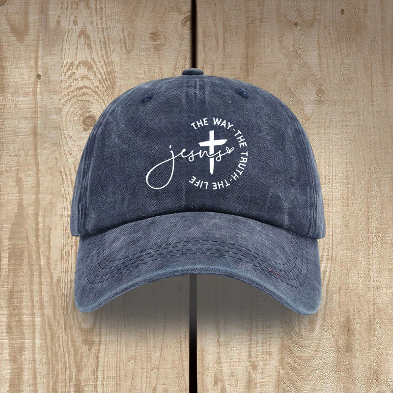Christianartworkshop Jesus The Way The Truth The Life Cross Circle Script Washed Baseball Cap - Navy Blue - image 5