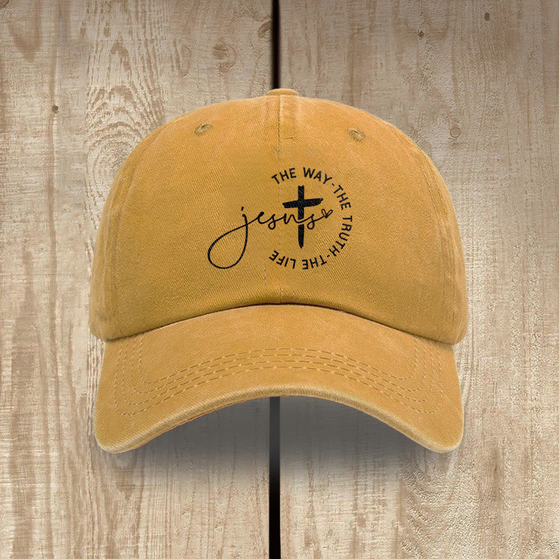 Christianartworkshop Jesus The Way The Truth The Life Cross Circle Script Washed Baseball Cap - Yellow - image 9