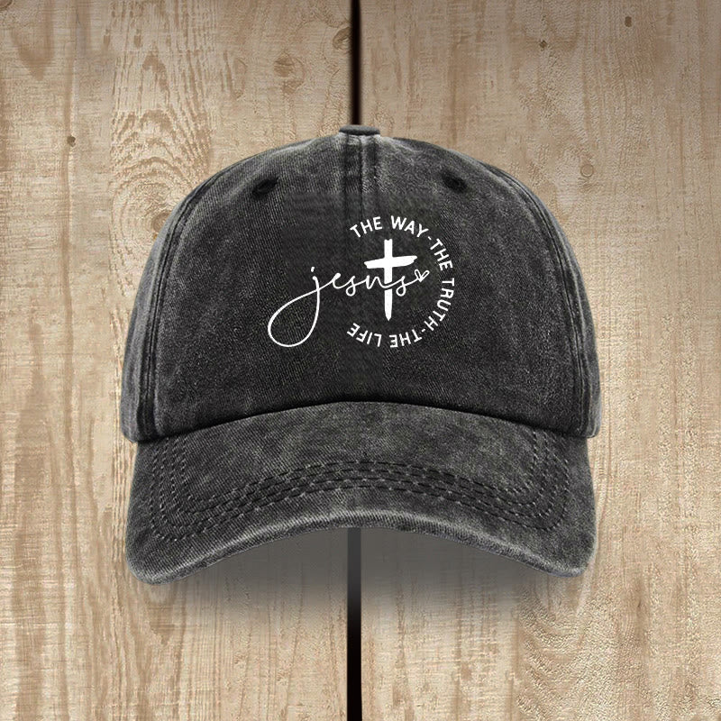 Christianartworkshop Jesus The Way The Truth The Life Cross Circle Script Washed Baseball Cap - Black - image 0