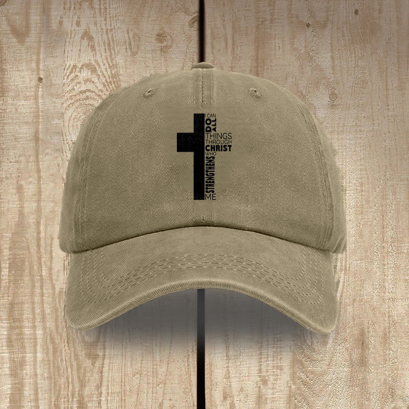 Christianartworkshop I Can Do All Things Through Christ Cross Shaped Scripture Washed Baseball Cap - Khaki - image 15