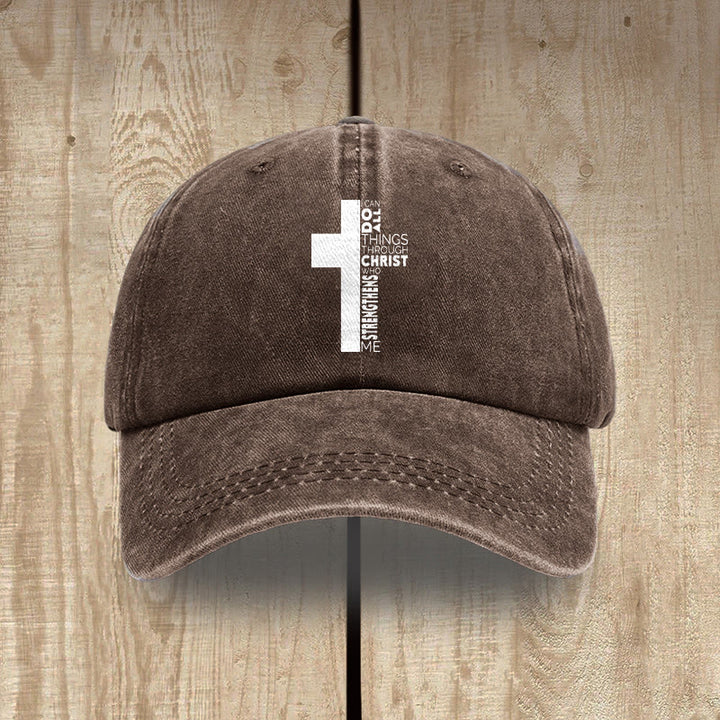 Christianartworkshop I Can Do All Things Through Christ Cross Shaped Scripture Washed Baseball Cap - Coffee - image 14