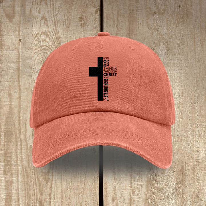 Christianartworkshop I Can Do All Things Through Christ Cross Shaped Scripture Washed Baseball Cap - Orange - image 12