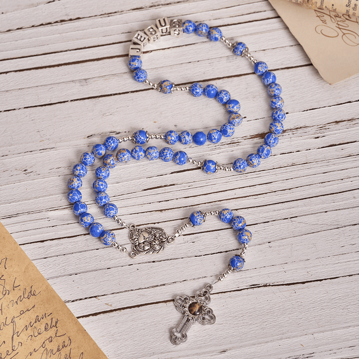 Christianartworkshop Regal Blue Emperor Stone Rosary with Holy Family & Divine Mercy Cross - image 1